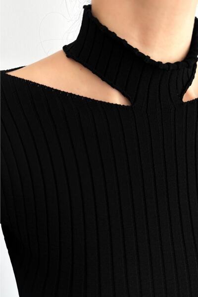 FEMELLE Women's Black New Season Collar Detailed Standard Size Ribbed Fisherman Knitwear Sweater