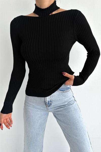 FEMELLE Women's Black New Season Collar Detailed Standard Size Ribbed Fisherman Knitwear Sweater
