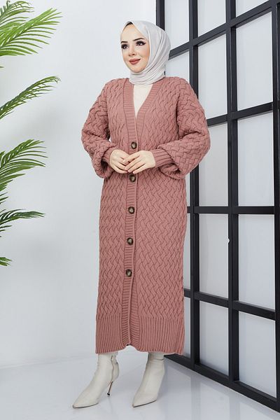 Pamuk Butik Γυναικεία Ζακέτα Πλεκτό Πλεκτό Καλάθι Dusty Rose με κουμπιά σε όλο το μήκος