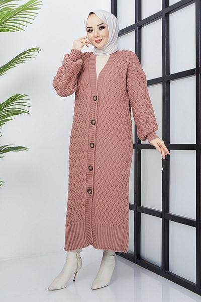 Pamuk Butik Γυναικεία Ζακέτα Πλεκτό Πλεκτό Καλάθι Dusty Rose με κουμπιά σε όλο το μήκος