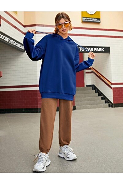 AFROGİYİM Women's Do What Makes Back Printed Blue Oversize Hooded Sweatshirt