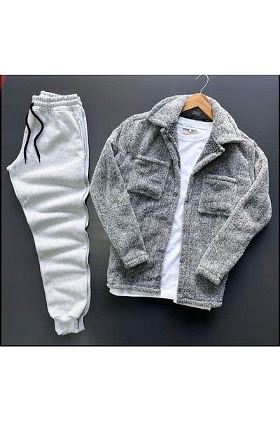 modasende Men's Pocket Detailed Plush Shirt and Tracksuit Combination, Top and Bottom