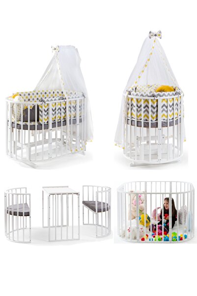 Bamgidoo Ahşap Beşik (BEBEĞİNİZ İLE BÜYÜYEN BEŞİK) Beyaz Sarı Yıldız Uyku Seti Yatak Tekerlekli