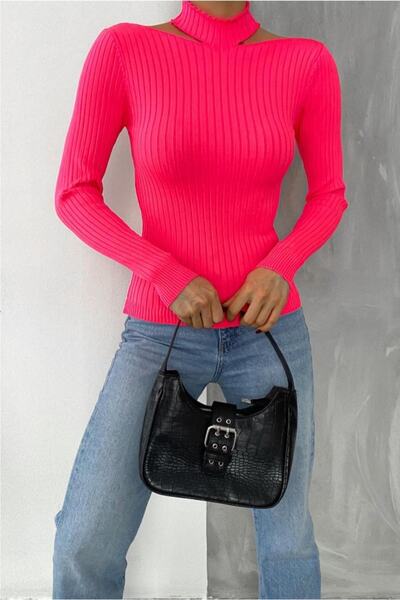 FEMELLE Women's Fuchsia New Season Collar Detailed Standard Size Ribbed Fisherman Knitwear Sweater