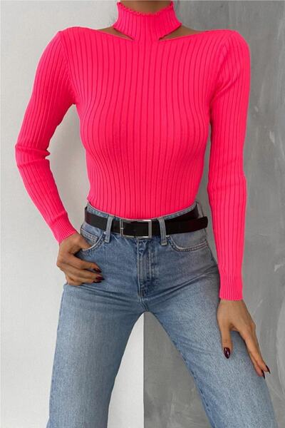 FEMELLE Women's Fuchsia New Season Collar Detailed Standard Size Ribbed Fisherman Knitwear Sweater