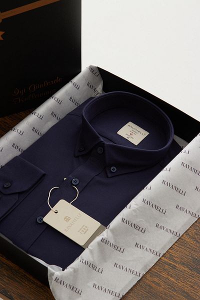 RAVANELLI Ανδρικό μακρυμάνικο πουκάμισο Vessmen Navy Blue Slimfit Cotton Oxford Lycra γιακά με κουμπιά