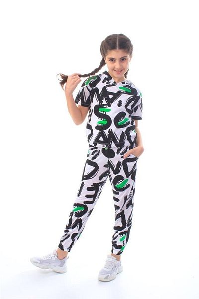 MİNİKO KİDS New Season Hooded Patterned Girl's Short Sleeve Ankle Length Tracksuit Set