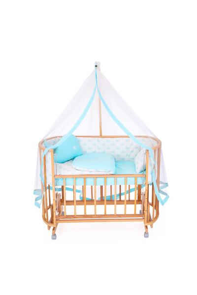 Bamgidoo Ahşap Beşik Anne Yanı Beşik Organik (BOYASIZ) 60x120 - Mavi Balina U...
