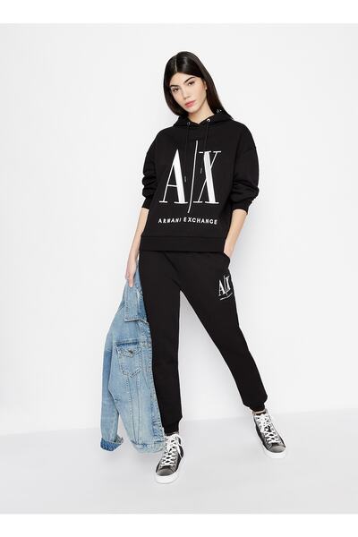 Armani Exchange Kapüşon Yaka Baskılı Siyah Kadın Sweatshırt 8nym52