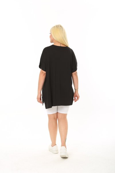 ÇİFTXL Plus Size Knitted Viscose Black Butterfly Printed Salas T-shirt