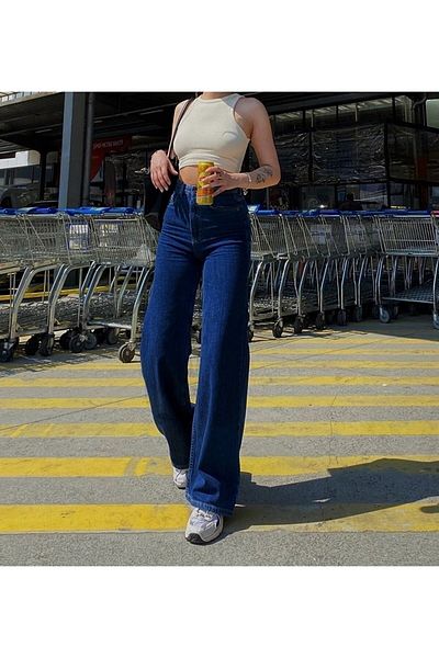 Trn JNS Nadie Deep Blue Power Lycra Pantaloni de damă cu talie înaltă, cu picioare largi, blugi largi