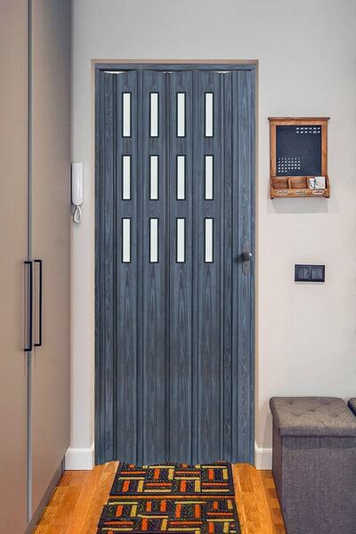 FARAN DEKORASYON 72 X 215 Antrasit Renk Camlı Pvc Akordiyon Katlanır Kapı - Frnakmodel-72