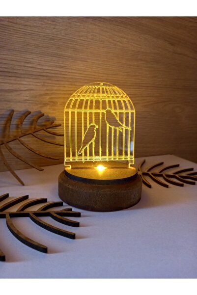 Elfora Pleksi Işıklı Kafes Kuşları 3d Ahşap Taban Hediye Masa Süsü