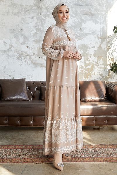 InStyle Φόρεμα από βισκόζη με σχέδιο Selva με φούντες μπροστά - Μπεζ