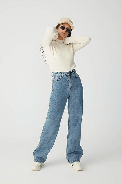 LİMABEL Vysoký pas Blue Snow Wash Palazzo Jeans Lycra strečové džíny