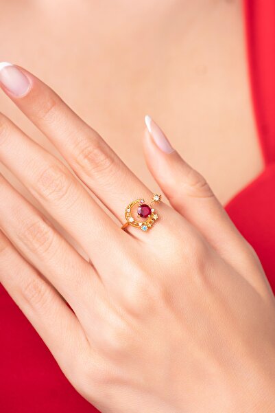 Ayenci Ayarlanabilir Kırmızı Renkli Ay Yıldız Desenli Kadın Yüzük