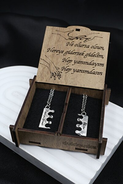 Dukkanka 2'li Künye Love Sevgili Metal Kolye Yazılı Özel Ahşap Hediye Kutulu