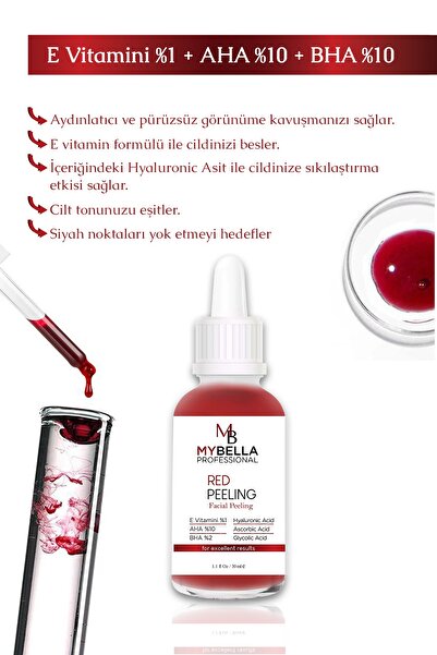 MY Bella Kozmetik Red Peeling Vegan Canlndırıcı, Leke Karşıtı, Yüz Peeling Serum, 30 M Aha 10% Bha 10% E Vitmni %1