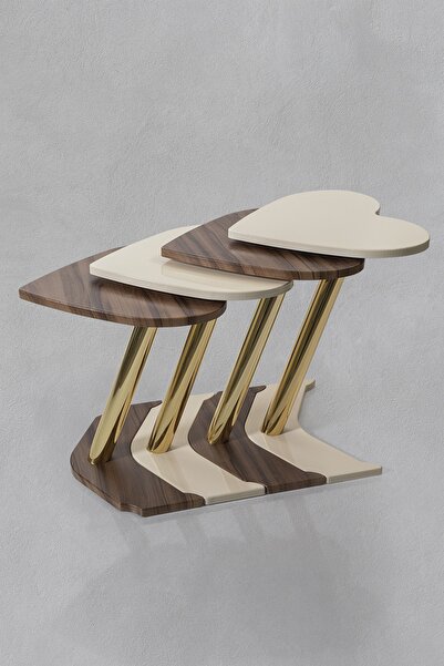 Veys Sehpa 4 Lü Gold Kalp Zigon Sehpa - Ceviz - Krem