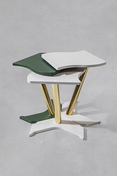 Veys Sehpa 3 Lü Gold Windows Zigon Sehpa - Beyaz - Yeşil