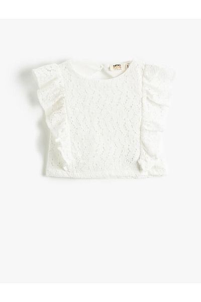 Koton Crop-Bluse für Mädchen, Rundhalsausschnitt, gerüschte Muschelstickerei, offener Rücken