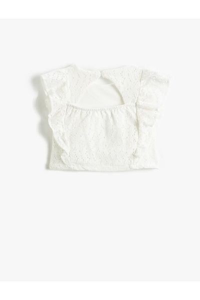 Koton Crop-Bluse für Mädchen, Rundhalsausschnitt, gerüschte Muschelstickerei, offener Rücken