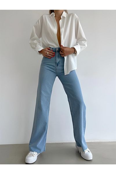 Trn JNS Pantaloni de blugi de damă Alina Power Lycra, albastru deschis, cu talie înaltă, cu picioare largi
