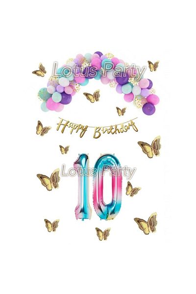 LOTUS PARTY 10 Year Old Birthday Set Butterfly Rainbow Unicorn Concept Macaron Balloon Chain