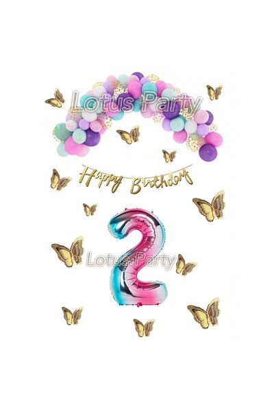 LOTUS PARTY 2 Year Old Birthday Set Butterfly Rainbow Unicorn Concept Macaron Balloon Chain