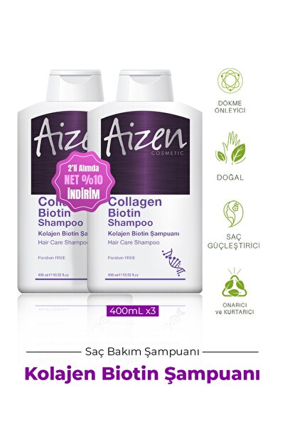 Aizen Collagen Biotin Shampoo - Dökülme - Büyütme - Kırıklar - Zayıf Saçlar - 400ml X 2adet