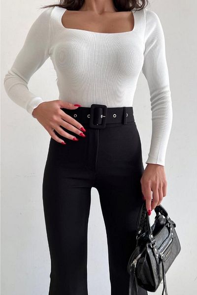 FEMELLE Pantaloni negri de damă, cu talie înaltă, în lycra, cu curea evazată