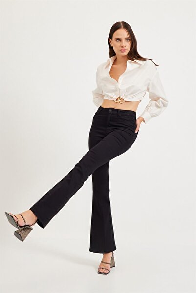 LİMABEL High Waist Black Flared Leg Jeans Lycra Flexible Denim Trousers