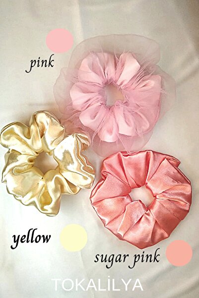 TOKALİLYA Kadın Saten Lastikli Pembe Tüllü Scrunchie Saç Toka Seti