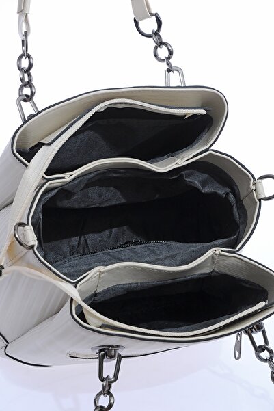 By Hakan Dm-802 Geantă de mână și de umăr pentru femei cu dungi negre, cremă