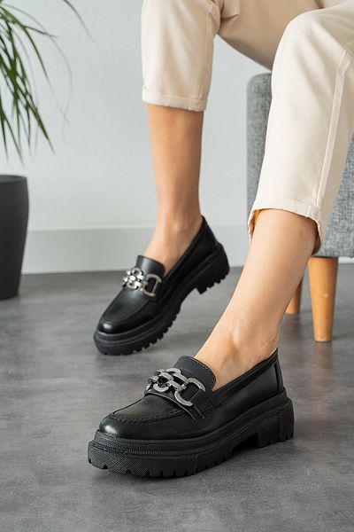 Ayax Black Loafer Chain Buckle Casual Women's Shoes