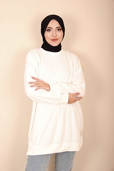 Soul Kendinden Çizgili Örme Kumaş Ekru Tunik-1 - Ekru