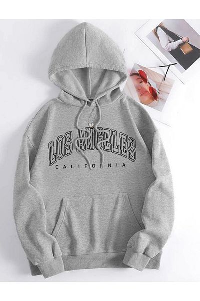 HobyUsa Unisex Grey Los Angeles Oversize Hoodie Hooded