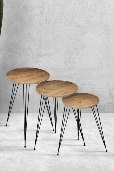 Victor Vallery 3'lü Zigon Sehpa Takımı Ahşap Ve Siyah Metal Kahve Sehpa Seti