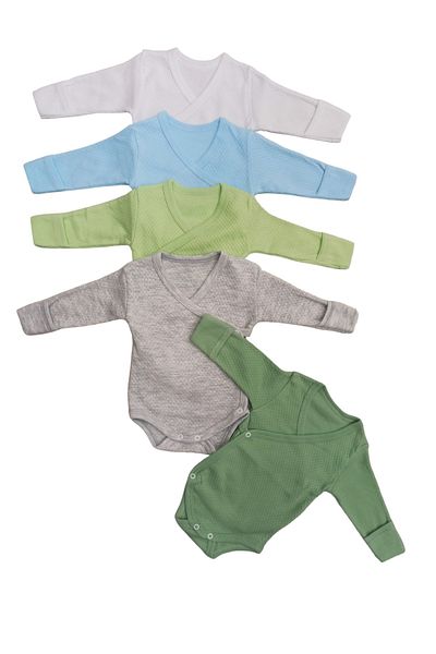 bebedino Long Sleeve Self-Glove Snap Fastened Double Breasted Badi (Pack of 5) White-turquoise-teal-gray-mold