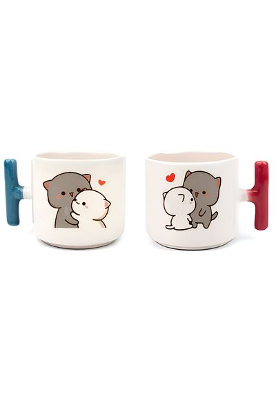 GünayStore Double Turkish Coffee Cup & Espresso Mochicat Dear Couple Blue & Red 2-pack T Cup 200 Ml