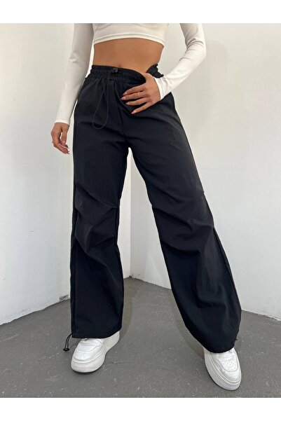 BABY YOU Kadın Siyah Paraşüt Pantolon Bel ve Paça Lastikli