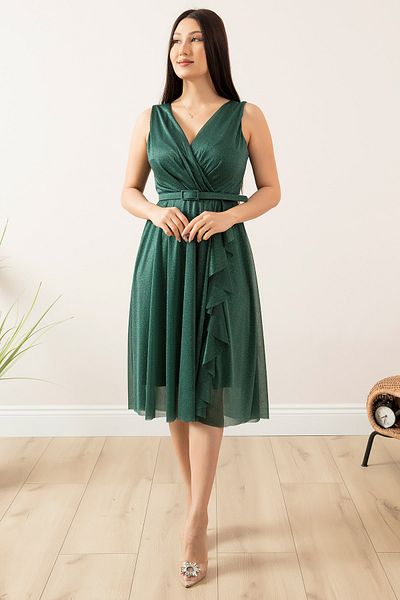 PULLIMM Glitter Zero Sleeve Double Breasted Collar Flounce Dress 13405
