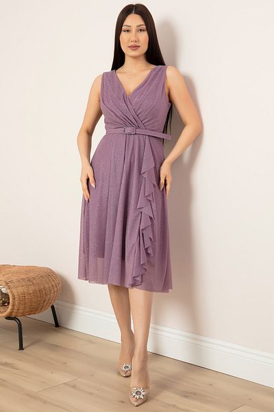 PULLIMM Glitter Zero Sleeve Double Breasted Collar Flounce Dress 13405