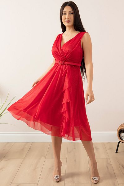 PULLIMM Glitter Zero Sleeve Double Breasted Collar Flounce Dress 13405