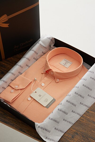 RAVANELLI Vessmen Orange Slimfit Cotton Oxford Lycra Collar Buttoned Long Sleeve Men's Shirt