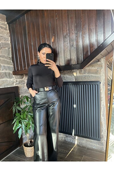 Millagros feel good with us Siyah Palazzo Deri Pantolon