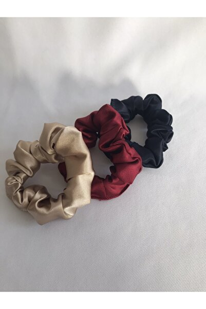 PratikDikisco Kadın 3^lü Saç Saten Scrunchie Lastikli Simit Toka Seti