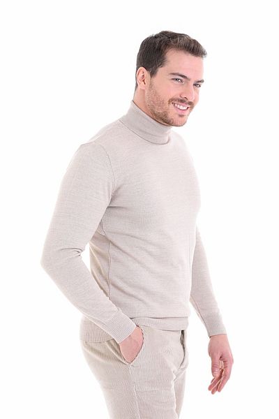 Hatemoğlu Beige Comfort Fit Plain Crew Neck Wool Knitwear Sweater