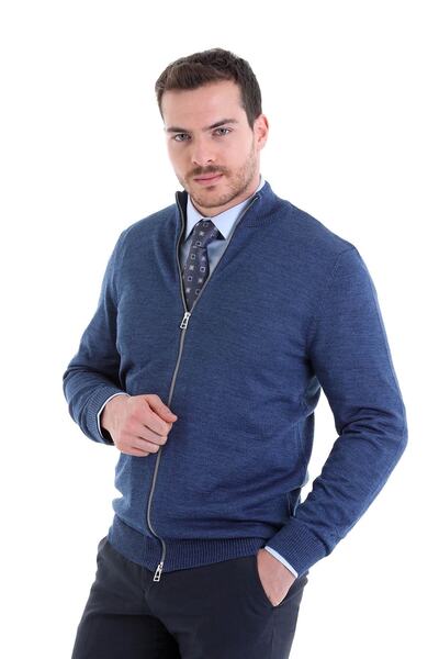 Hatemoğlu Indigo Comfort Fit, uni, pe jumătate, cu gât țesut, din lână, cu fermoar
