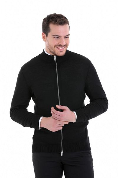 Hatemoğlu Cardigan negru, cu jumătate de gât țesut, din lână, cu fermoar